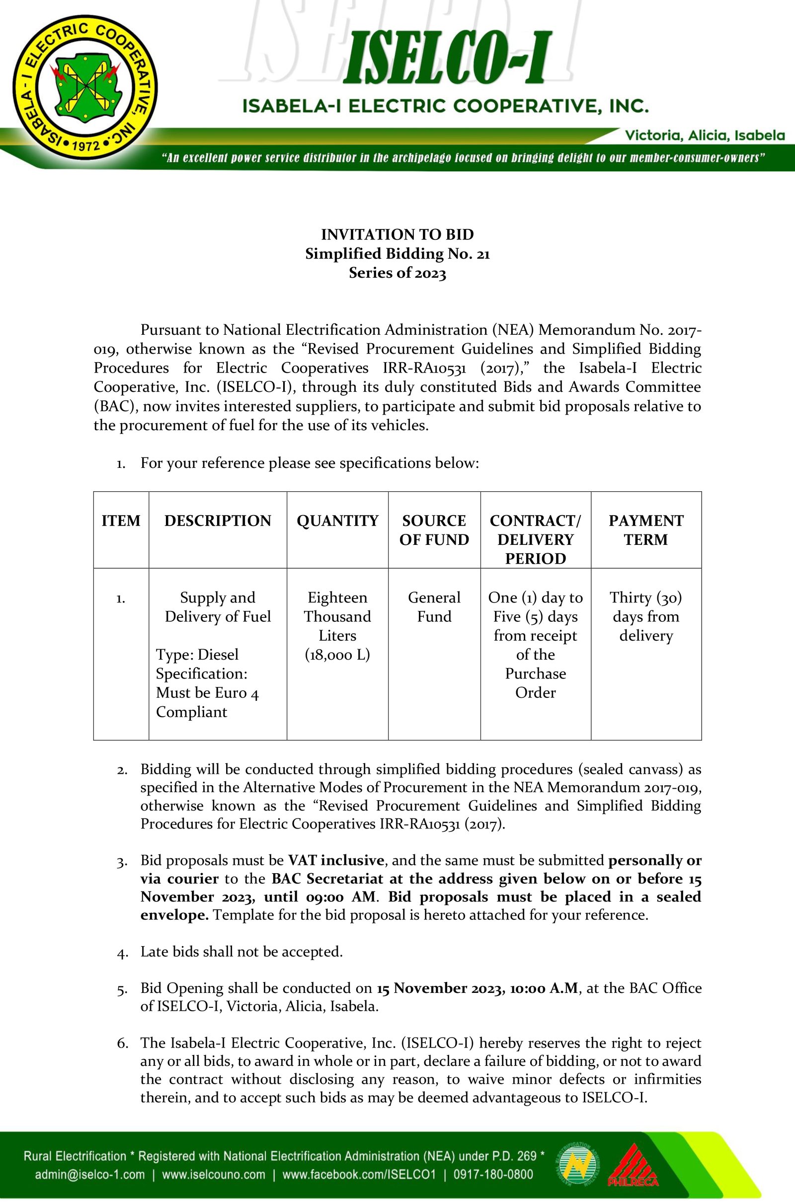 Simplified Bidding No. 21 Series of 2023 - Procurement of Fuel for the Use of its Vehicles